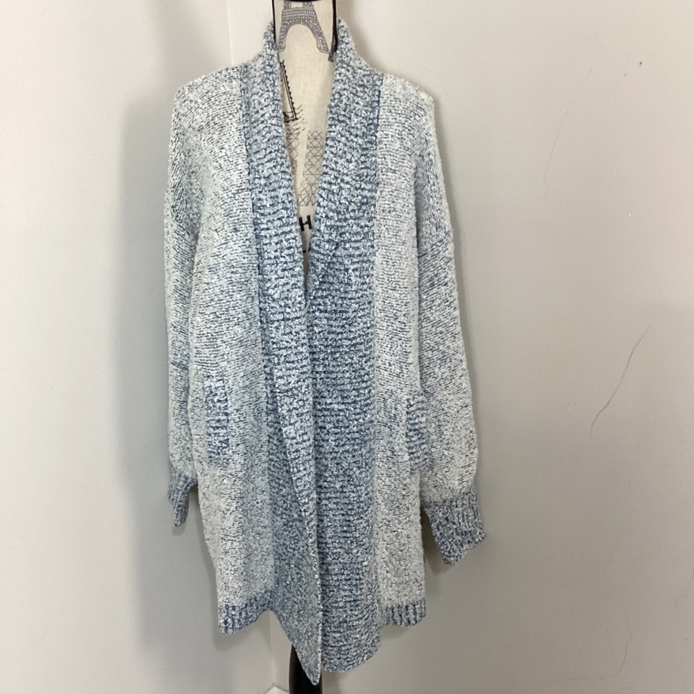 Accents Women’s Blue White Knit Long Open Cardigan Long Sleeves Marbled Thread